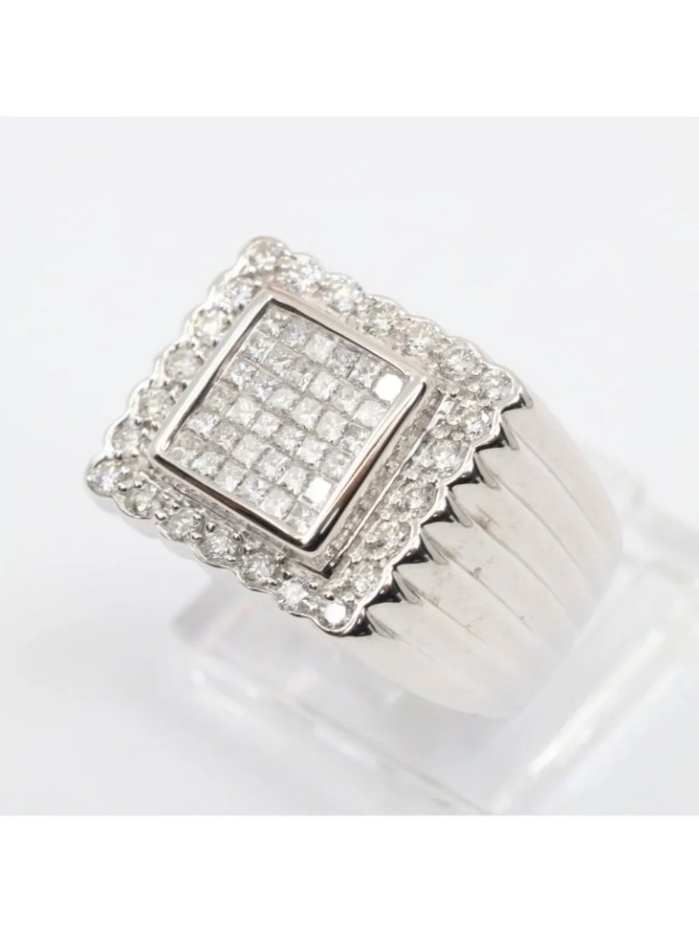 14K Solid White Gold Princess Cut Diamond Cluster Halo Men's Ring - Size 9.25
